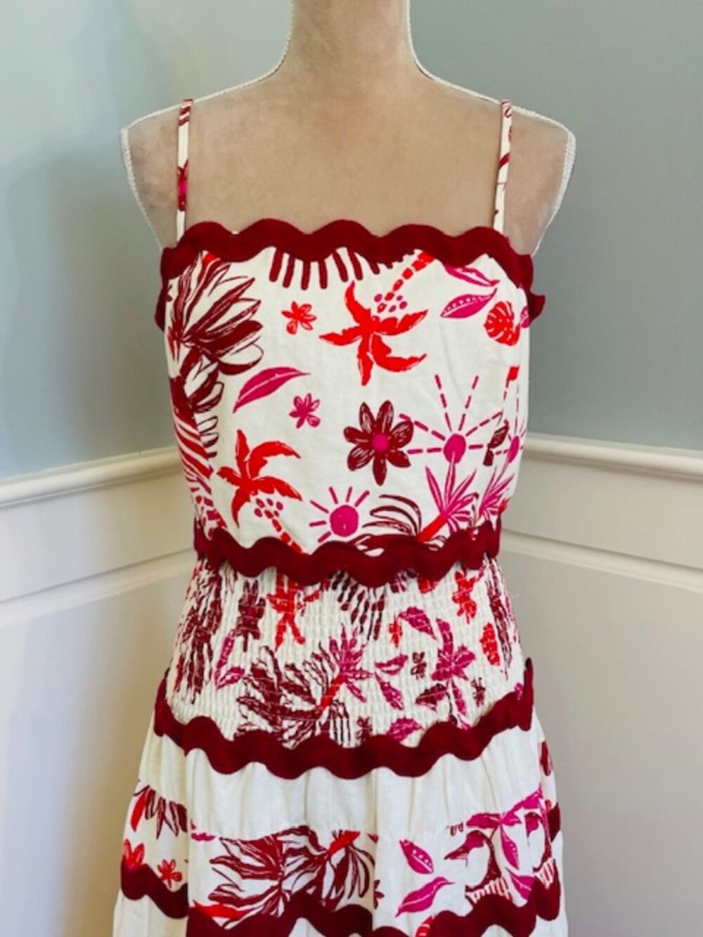 Caroline Constas Linen Blend 2 PC Skirt Crop Top Euro Set Ric Rac Trim NWT Large - Picture 4 of 11